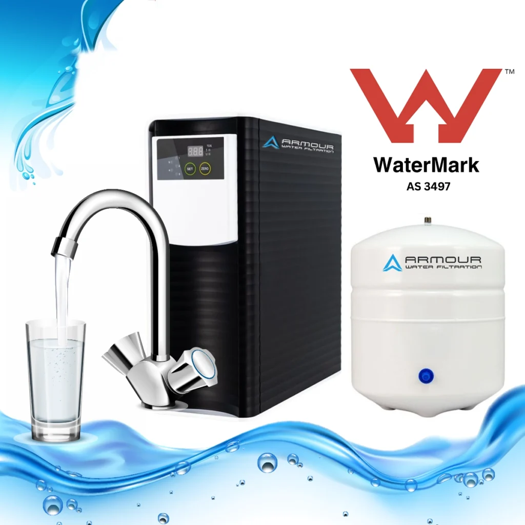 Armour Water Filtration reverse osmosis system with faucet and tank showing WaterMark certification and testing compliance. Water filters Perth.