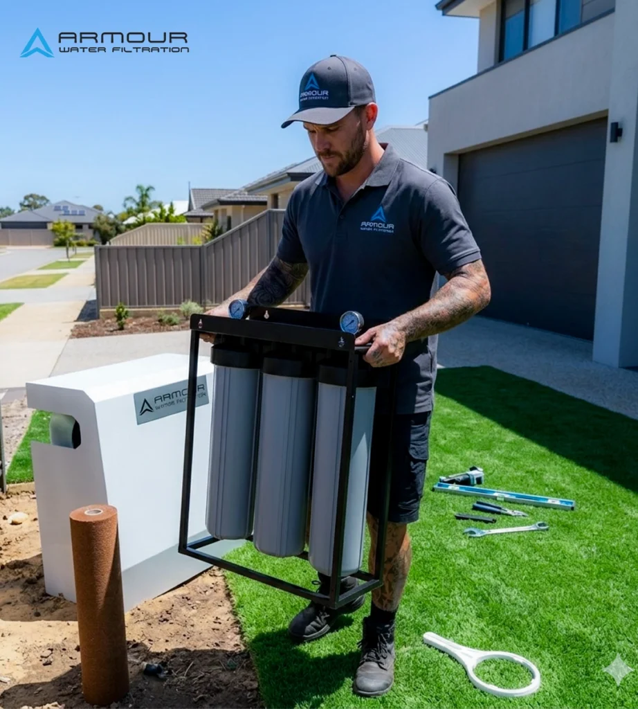 Technician installing a 3-stage whole home filtration system outside a residential property for Armour Water Filtration. Water problems.