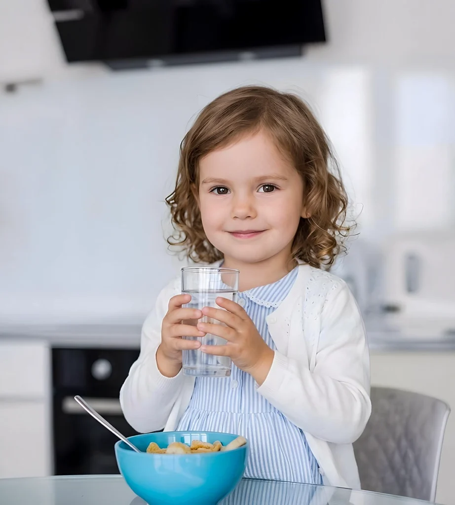 Child drinking clean filtered water at home, reducing sediment and rust for clearer, safer drinking water.