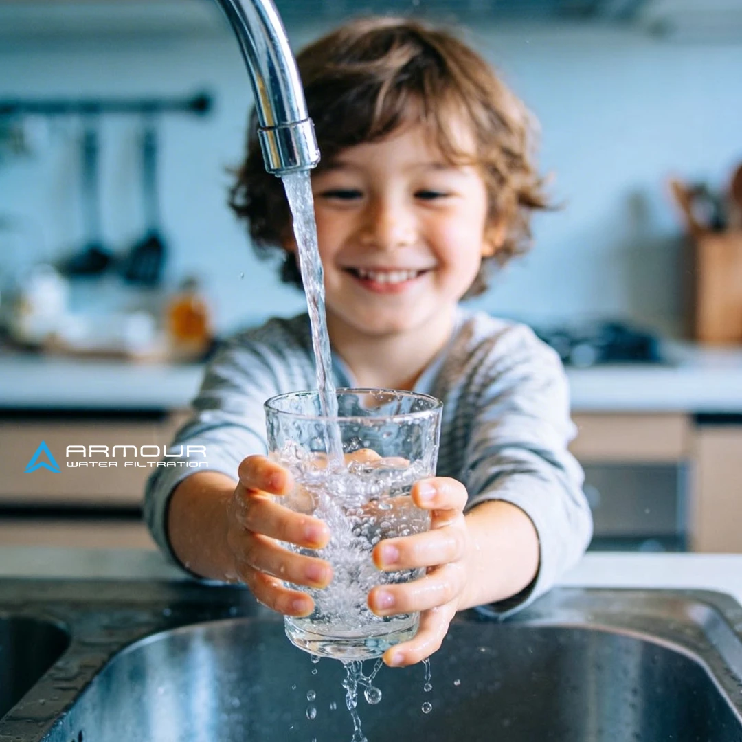 Child filling a glass with clean drinking water from a tap using a reverse osmosis water filter system at home. Water testing Melbourne.