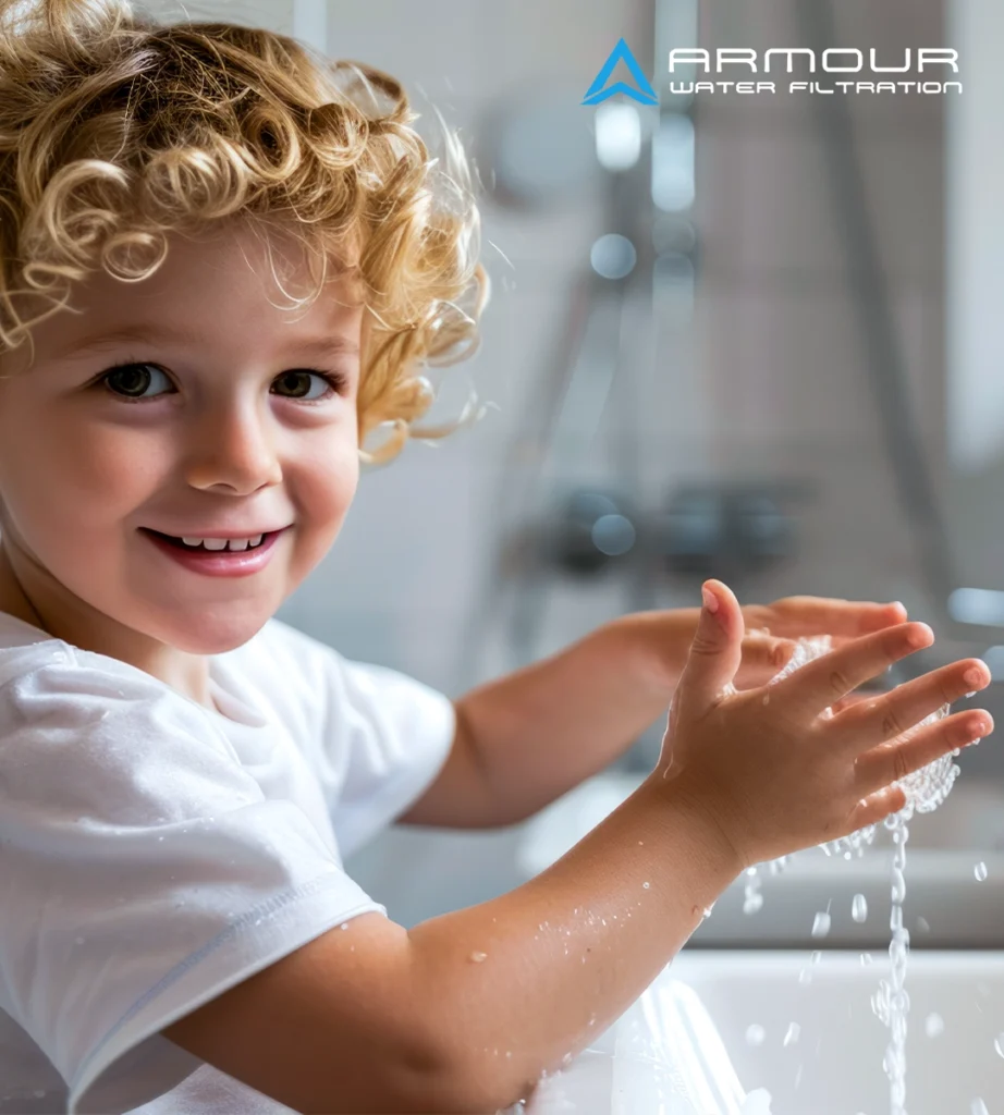 Child washing hands with clean water at home using an under sink water filter Perth households trust, helping treat bore water and reduce chlorine in water for safer drinking water.