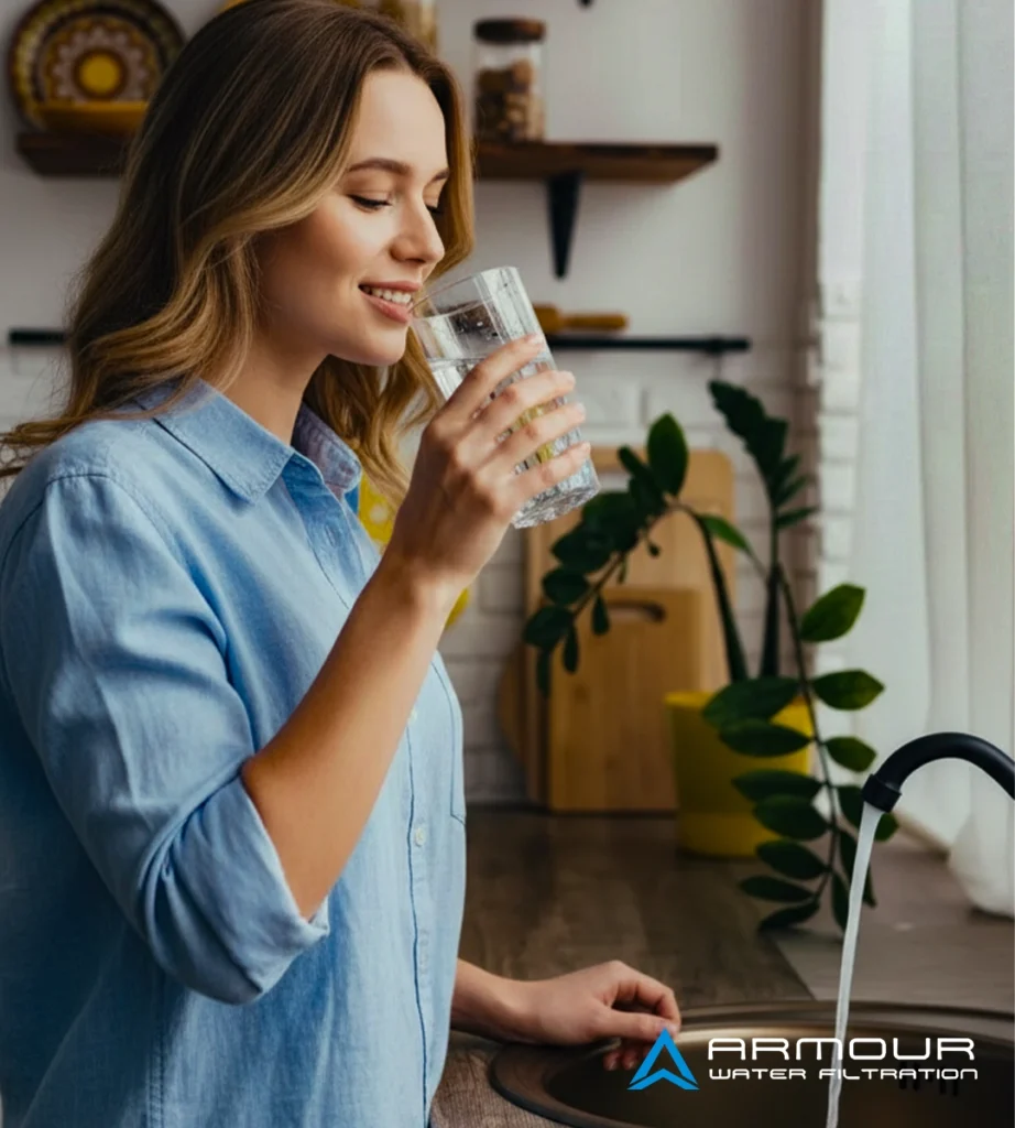 Australian girl in Melbourne drinking clean water from an Armour whole home filter system, showing why choose Armour for safer, better-quality water.