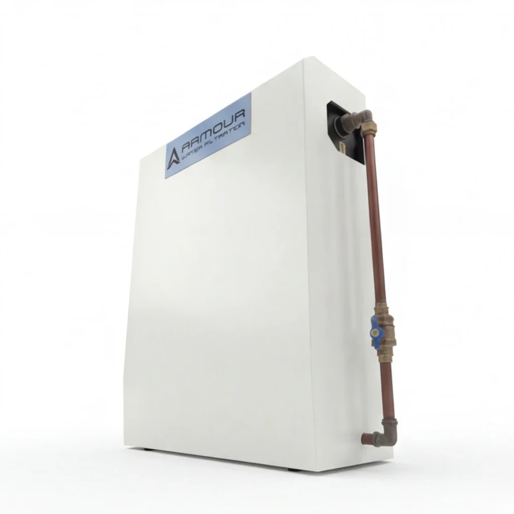 Water filtration system with copper pipes low angle view