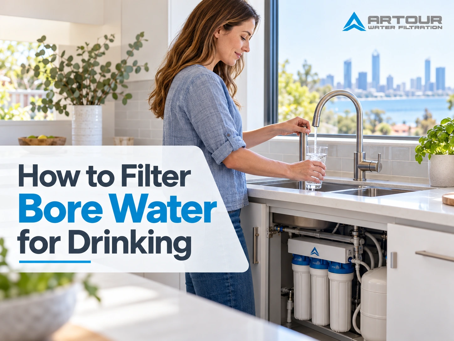 Under-sink water filtration system in an Australian home used to treat bore water for drinking after appropriate testing