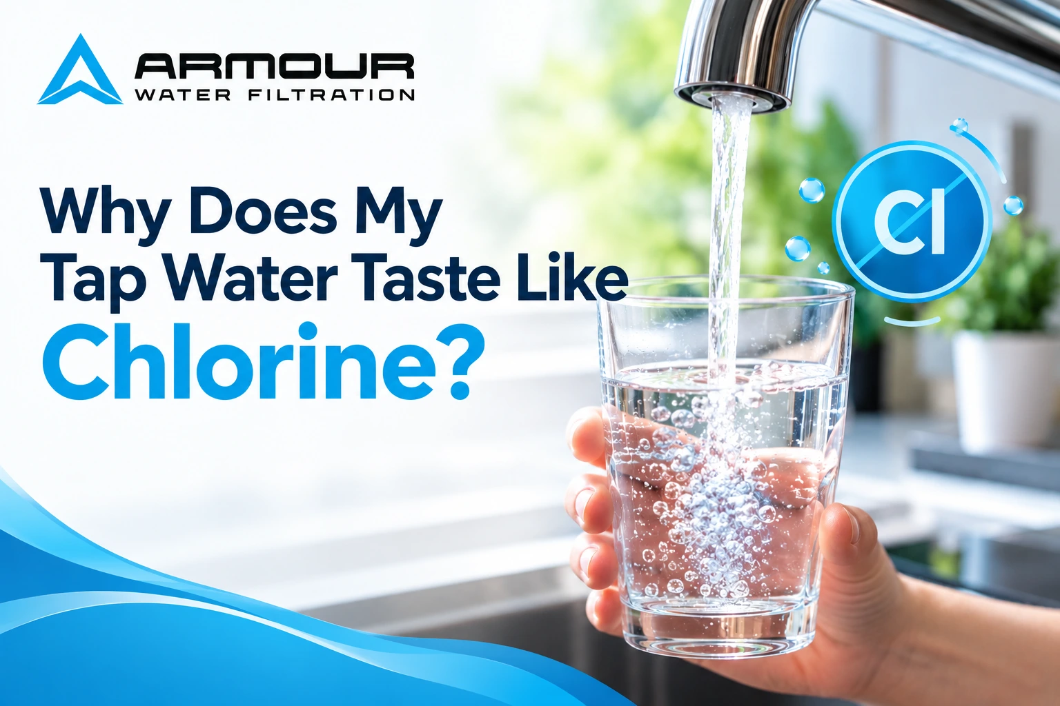 Tap water flowing from a kitchen faucet into a glass, illustrating why tap water may taste like chlorine.